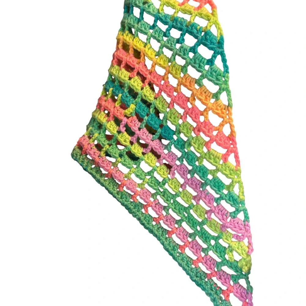 Handmade Crochet Rainbow Retro Stripes‎ Triangle Shawl Boho NEW Regaular Sz Neon